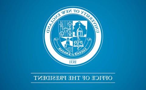 A white graphic with the UNE official seal and text saying "Office of the President" over a blue background